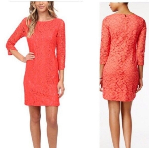 NWT Vince Camuto Lace Coral Pink Orange Sheath Dress Women's Size 10 3/4 Sleeves - Picture 15 of 16